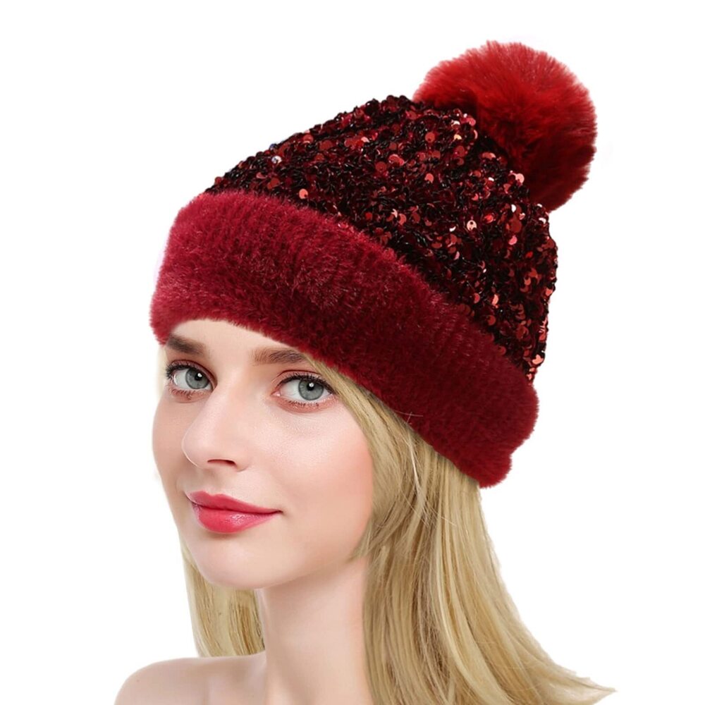 4661 Winter Hat Knitted Beanie Hat with Removable Faux Fur Pompom Sequin